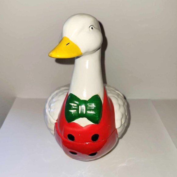 VINTAGE 12" DUCK IN RED TUXEDO COOKIE JAR GREEN BOW TIE HAND PAINTED - Picture 3 of 12
